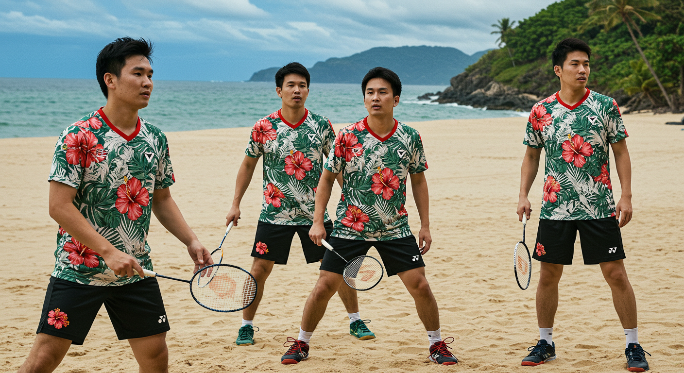 image_fx_-75 Badminton players in floral-print uniforms with hibiscus flowers on a beach court.