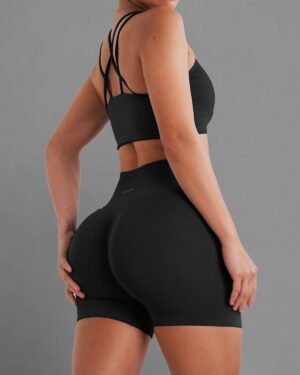 Custom Black Strappy Back Sports Bra & High-Waist Biker Shorts Set – OEM/ODM Activewear Manufacturer