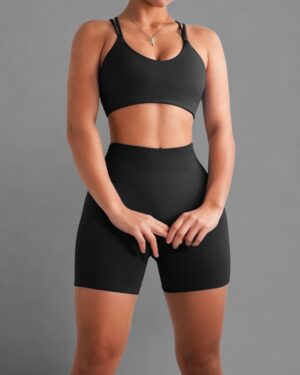 Custom Strappy Back Sports Bra & High-Waist Biker Shorts Set – OEM/ODM Activewear Manufacturer
