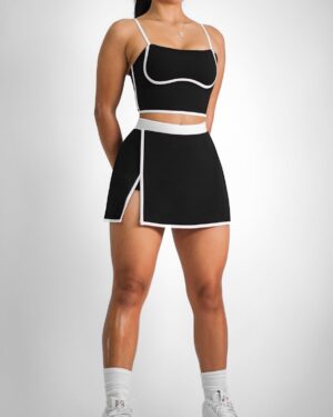 Custom Black Sports Bra & Side-Slit Skirt Set with White Trim – OEM/ODM Activewear Manufacturer
