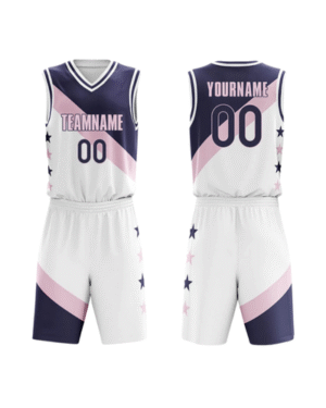 Custom Basketball Uniform – White, Navy & Pink Design