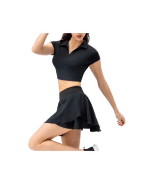 Women’s Tennis & Pickleball Outfit – Short Sleeve Crop Polo Top & Athletic Skirt Set with Built-in Shorts