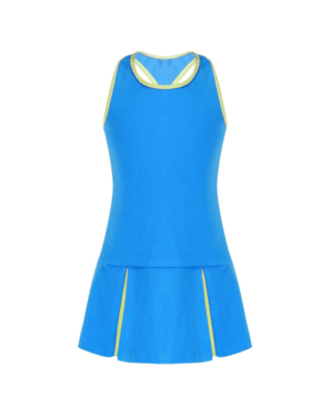 Women’s Blue Tennis Dress with Yellow Trim – Sleeveless Athletic Dress for Tennis, Golf & Activewear