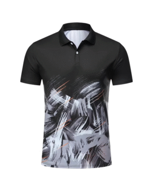Custom Polo Jersey – Black with Abstract White & Grey Brush Pattern