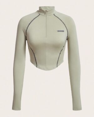 Custom Women’s Long Sleeve Mock Neck Zip-Up Crop Top with Contrast Trim – OEM/ODM Activewear Manufacturer