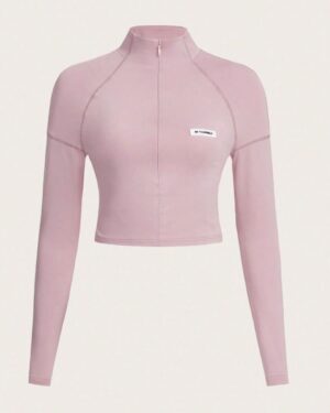 Custom Women’s Long Sleeve Zip-Up Mock Neck Crop Top – Straight Hem | OEM/ODM Activewear