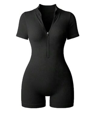 Customizable Women’s Short-Sleeve Zipper-Front Ribbed Playsuit – Short Length Activewear Bodysuit