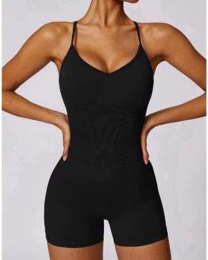 Customizable Women’s Black V-Neck Spaghetti-Strap Activewear Playsuit – Short Length Sports Bodysuit
