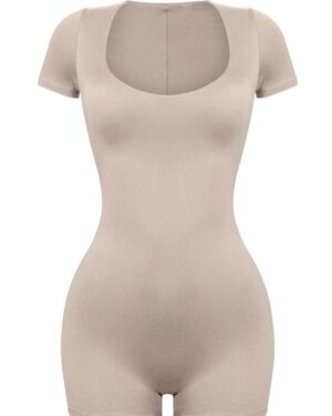 Customizable Women’s Beige Scoop-Neck Short-Sleeve Activewear Playsuit – Short Length Bodysuit