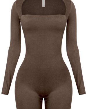 Customizable Women’s Brown Square-Neck Long-Sleeve Activewear Playsuit – Short Length Bodysuit