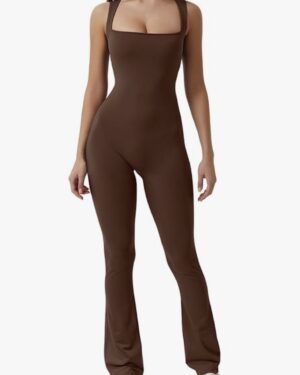 Customizable Women’s Brown Square-Neck Wide-Strap Full-Length Flared Jumpsuit – Activewear & Athleisure