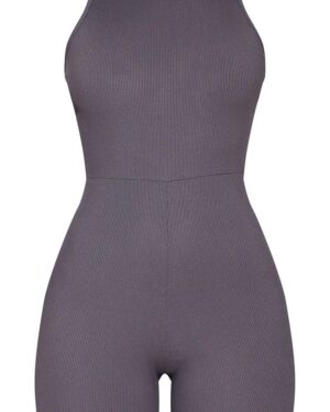 Customizable Women’s Purple Sleeveless High-Neck Ribbed Playsuit – Short Length Activewear Bodysuit
