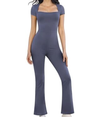 Customizable Women’s Blue Square-Neck Short-Sleeve Full-Length Flared Jumpsuit – Activewear & Athleisure