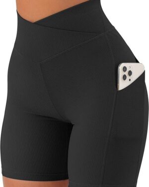 Customizable Women’s Black Crossover Waist Biker Shorts with Side Pocket – Activewear & Yoga Shorts