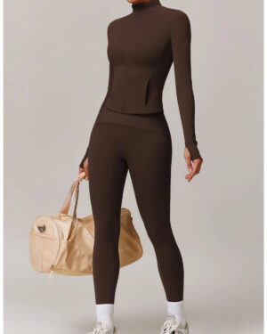 Custom Women’s Brown Full-Zip High-Neck Activewear Set – OEM/ODM Gym & Yoga Outfit Manufacturer