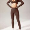 Custom Women’s Brown Long-Sleeve Cut-Out Crop Top & Leggings Set – OEM/ODM Yoga & Gym Wear Manufacturer