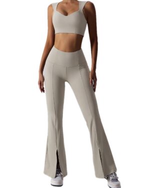 Custom Women’s White Queen Anne Neckline Sleeveless Bra Top & Flared Split-Hem Pants Set – OEM/ODM Activewear Manufacturer