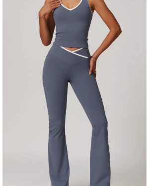 Custom Women’s Blue V-Neck Sleeveless Tank Top & Flared Yoga Pants Set with White Trim – OEM/ODM Activewear Manufacturer