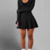 Custom Women’s Black Long-Sleeve V-Neck Skater Dress with Floral Accent – OEM/ODM Fashion Manufacturer