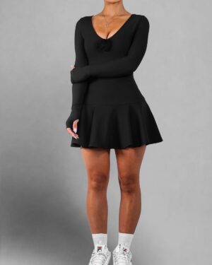 Custom Women’s Black Long-Sleeve V-Neck Skater Dress with Floral Accent – OEM/ODM Fashion Manufacturer